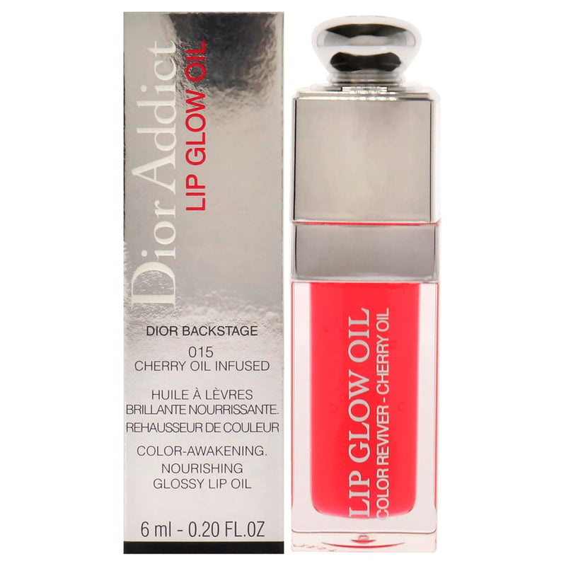 Christian Dior Dior Addict Lip Glow Oil 0.2 fl oz in shade 015, cherry oil-infused lip gloss with glossy finish, shown with product box.