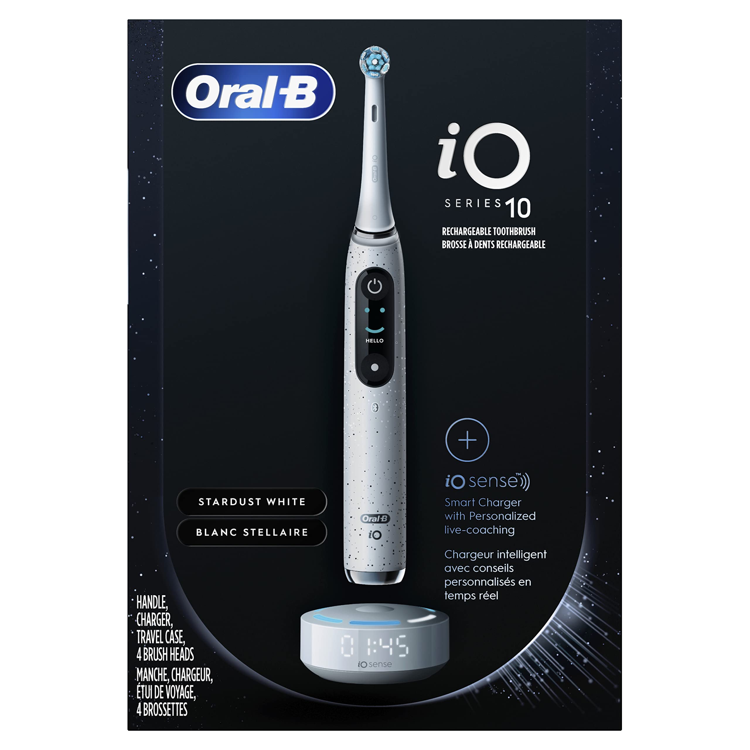 Oral-B iO Series 10 Rechargeable Electric Toothbrush with Visible Pressure Sensor to Protect Gums, 2 Min Timer, 7 Cleaning Settings, 4 Replacement Toothbrush Heads, and Charging Travel Case, Black