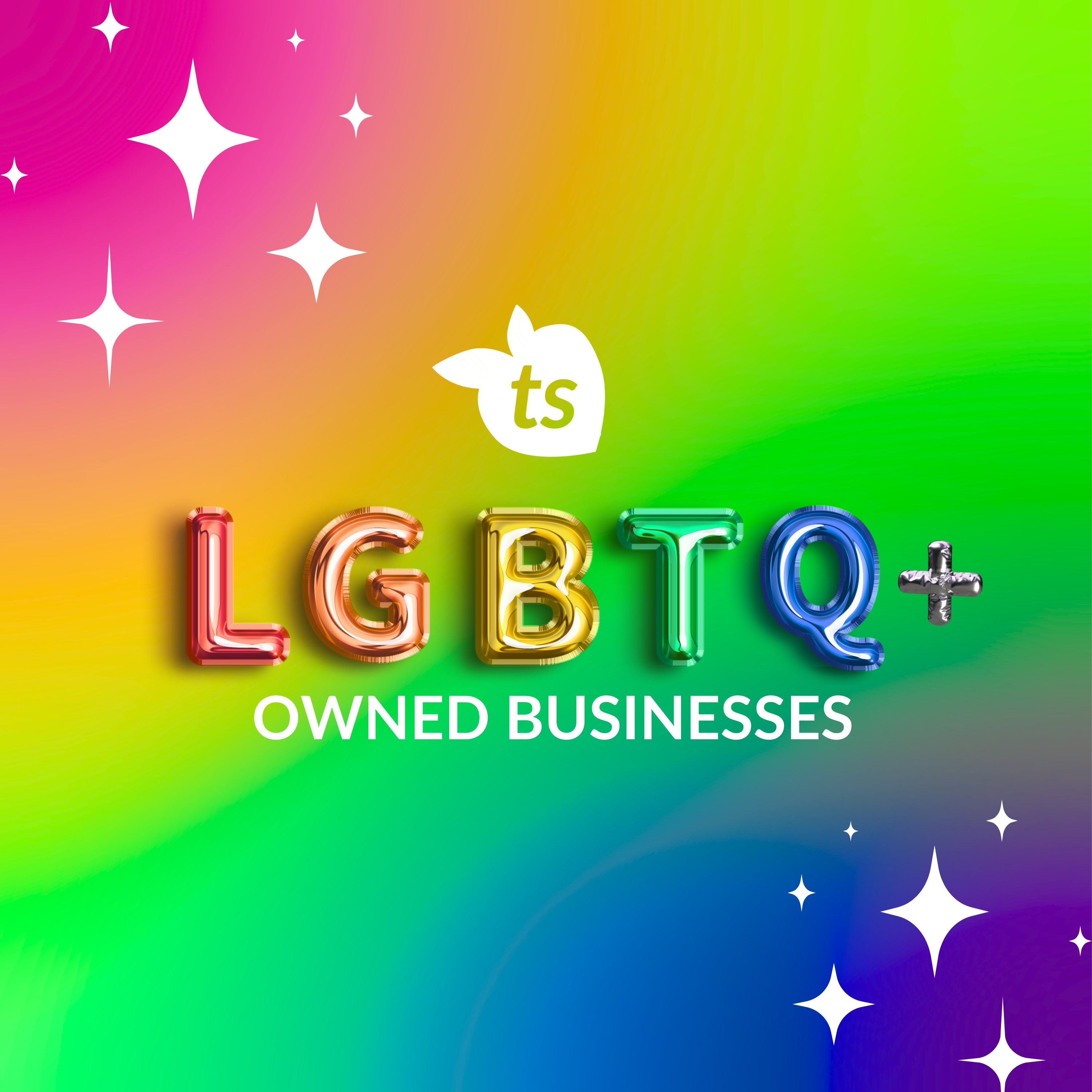Rainbow gradient background with 'LGBTQ+ Owned Businesses' text and a logo.