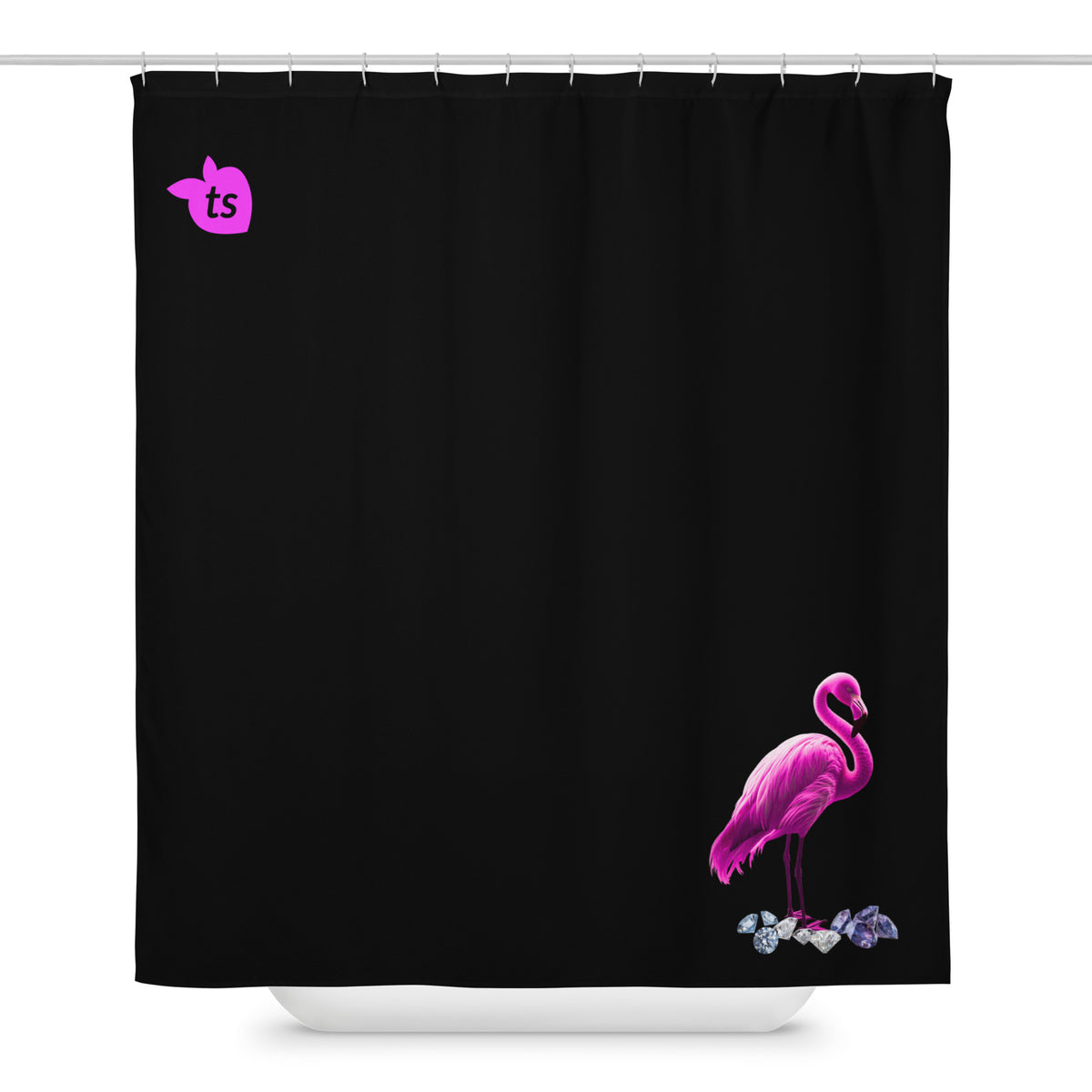 tsgabrielle® • Flamant 🦩 Rose • Shower Curtain • Black • 71″ × 74″ • Black Polyester Ring