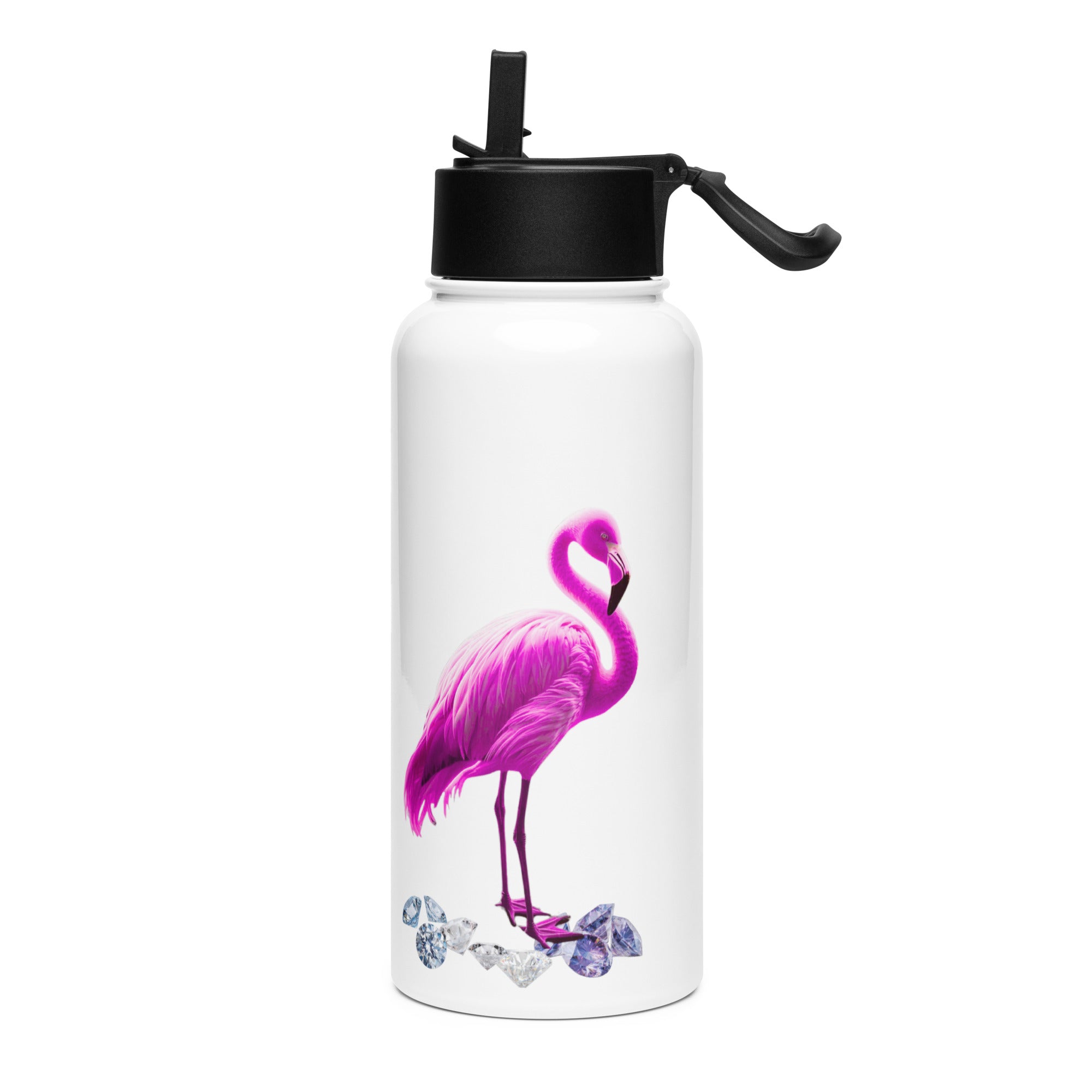 tsgabrielle® • Flamant 🦩 Rose • Water Bottle with Straw Lid • Stainless Steel • White • 32 oz •