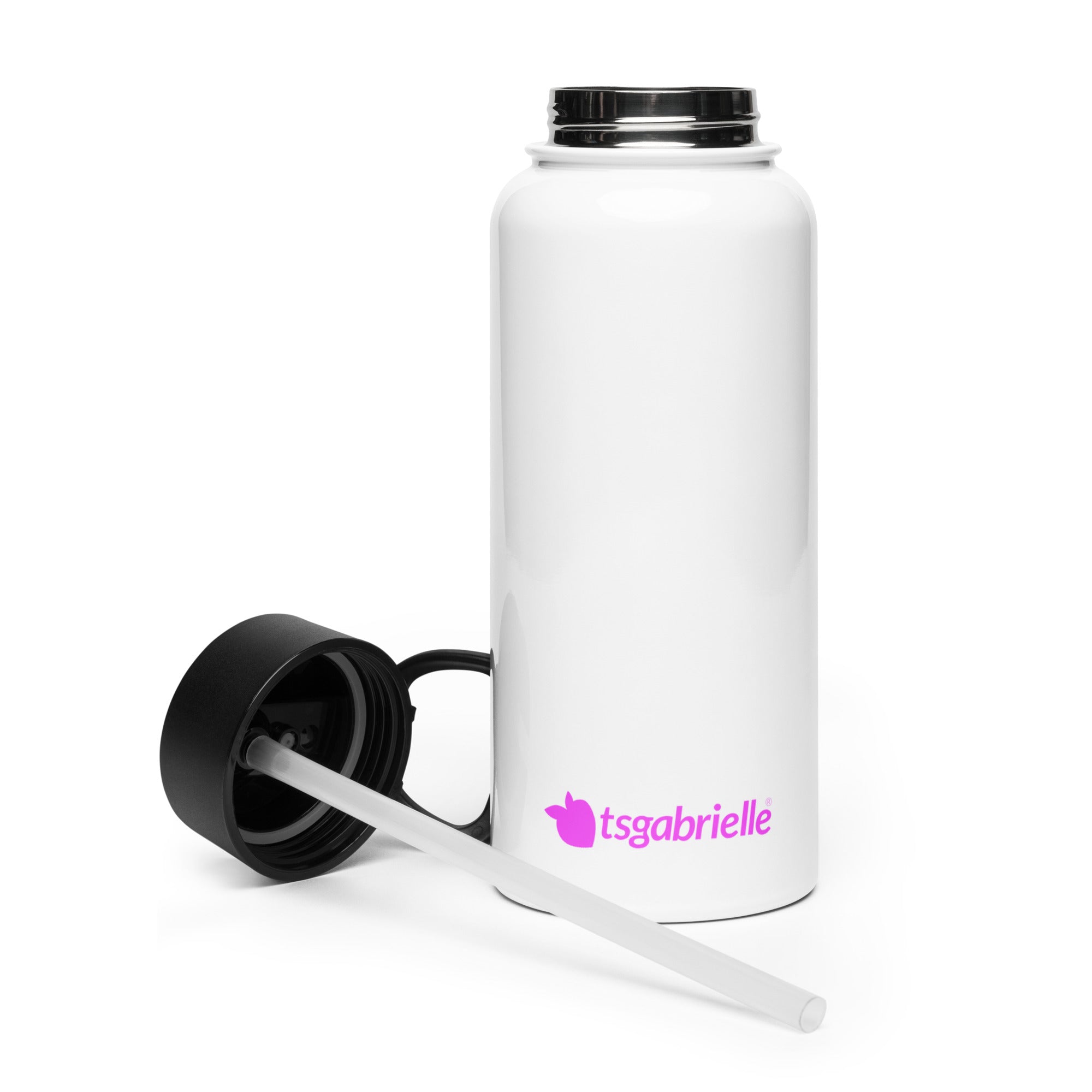 tsgabrielle® • Flamant 🦩 Rose • Water Bottle with Straw Lid • Stainless Steel • White • 32 oz •