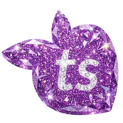 Purple crystal apple with cross and 'S' initials on a white background