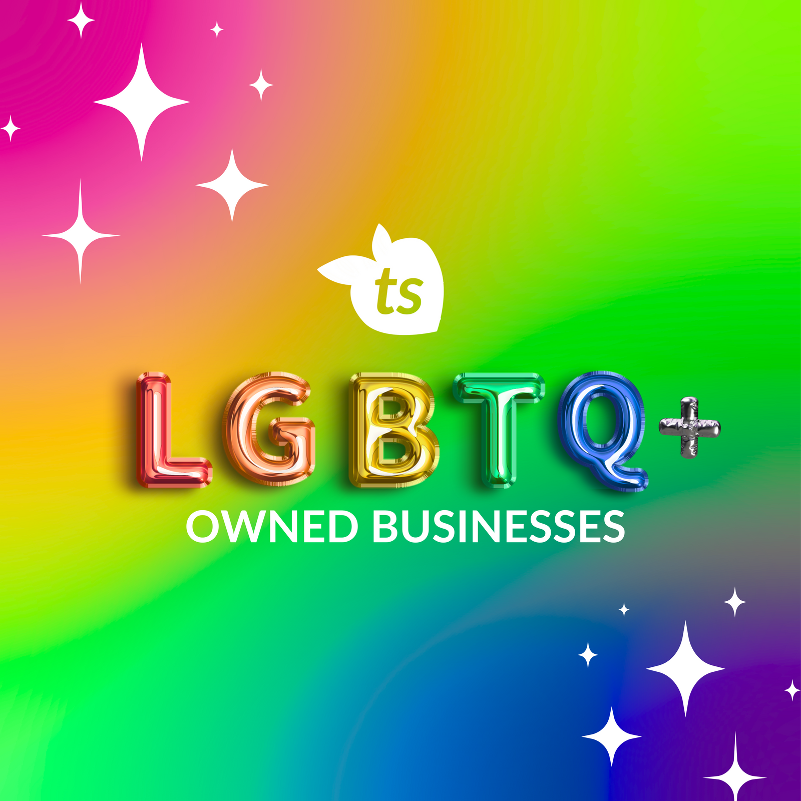 Rainbow gradient background with 'LGBTQ+ Owned Businesses' text and a logo.