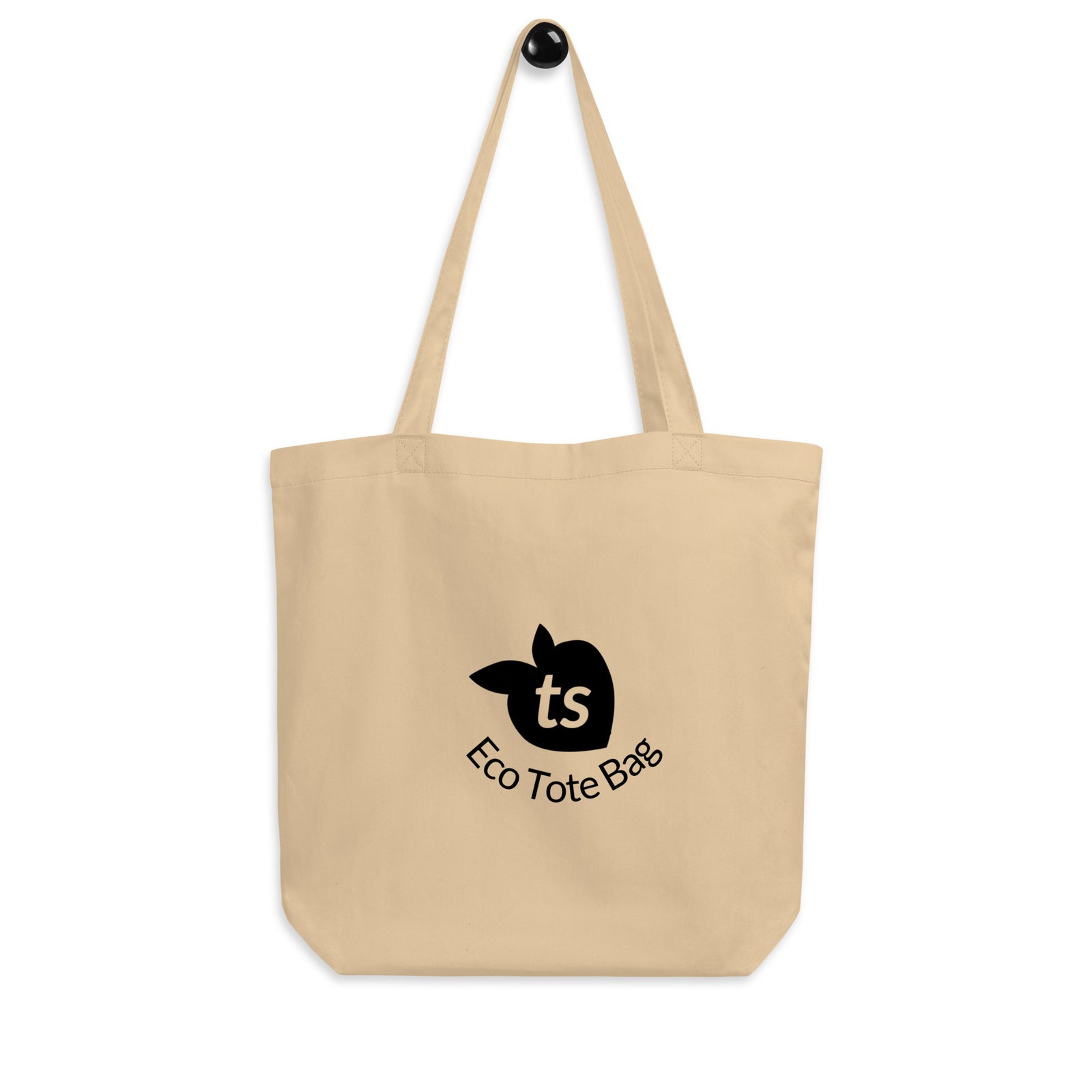 Beige tote bag with black logo and text on a white background