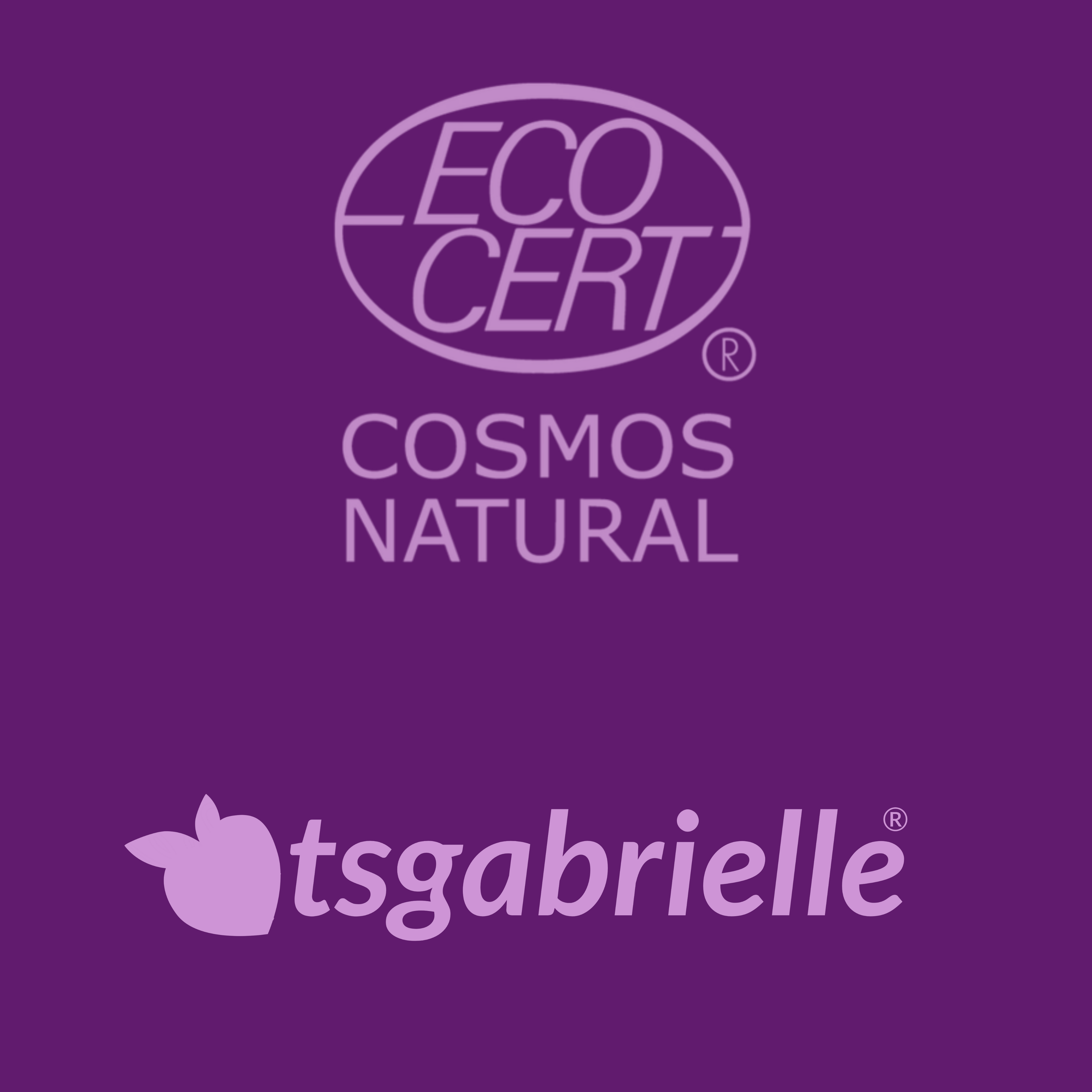 ECOCERT and Cosmos Natural logos on a purple background with tsgabrielle branding.