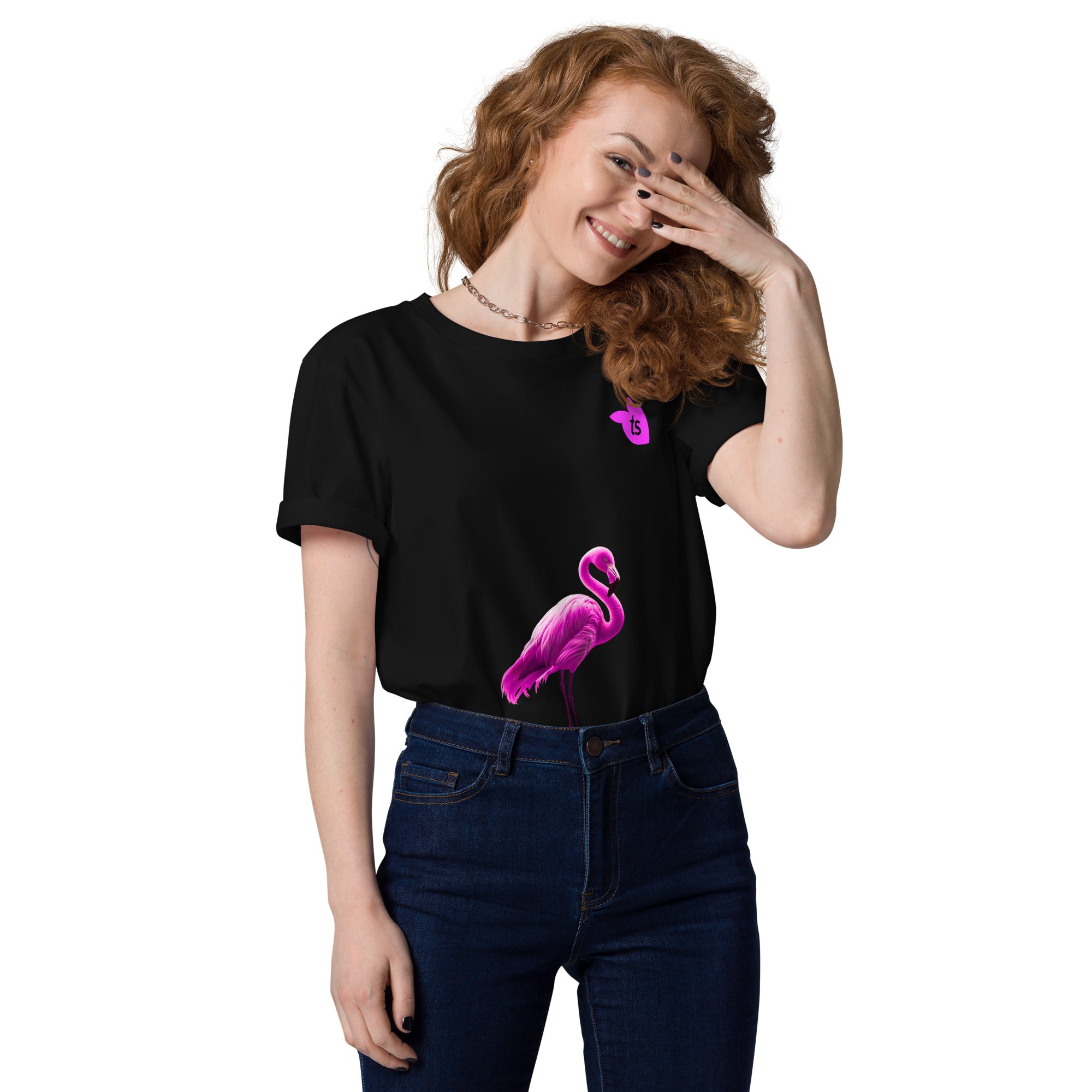 tsgabrielle® • For Her 👗 • Flamant 🦩 Rose • T-Shirt • Black • 100% Organic Cotton •